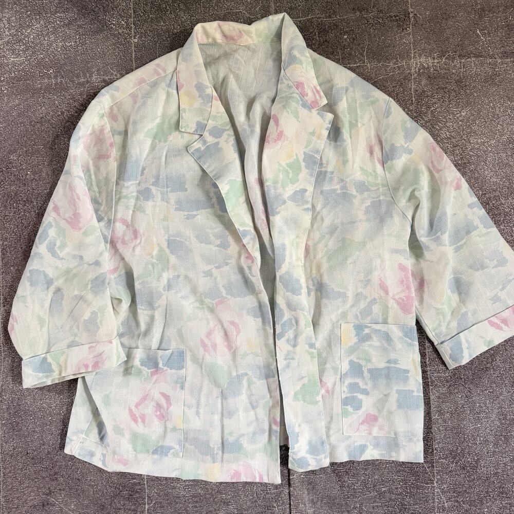 Women's Vintage 70's Handmade White Floral Open Face Lab Chore Coat Jacket Sz L